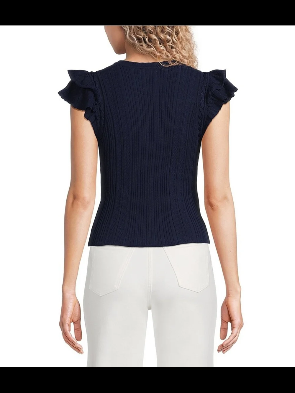 Gilli Navy Ribbed Double Ruffle Sleeve Knit Top - Picture 2 of 7